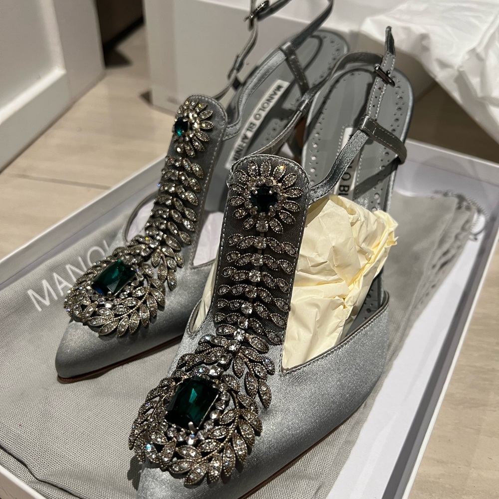 Manolo Blahnik Silver Heels with Green Gemstones